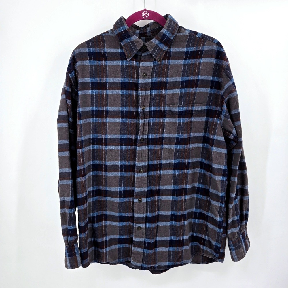 St Johns Bay Vintage Flannel Shirt L Blue Brown Plaid Heavy 100% Cotton‎ VGUC